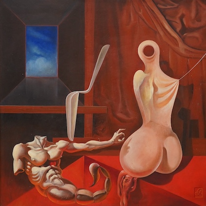 Jonathon Coudrille (b.1945), surreal oil on panel, ‘Laying the ghost of my fathers muse a lower astrical confinement’, monogrammed, Cornish gallery inscribed label verso, 59 x 59cm. Condition - good